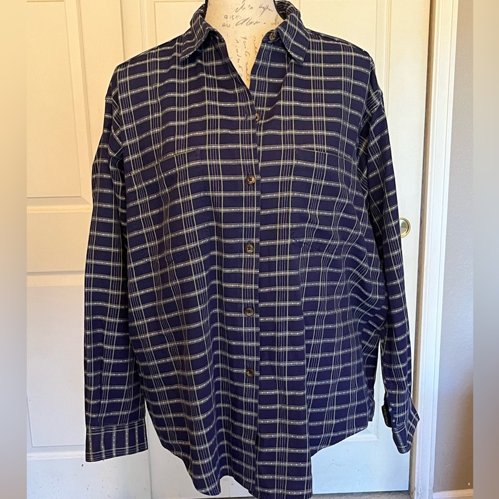 Patagonia Organic Cotton Plaid Button Up Purple Blue Women’s Medium Oversized